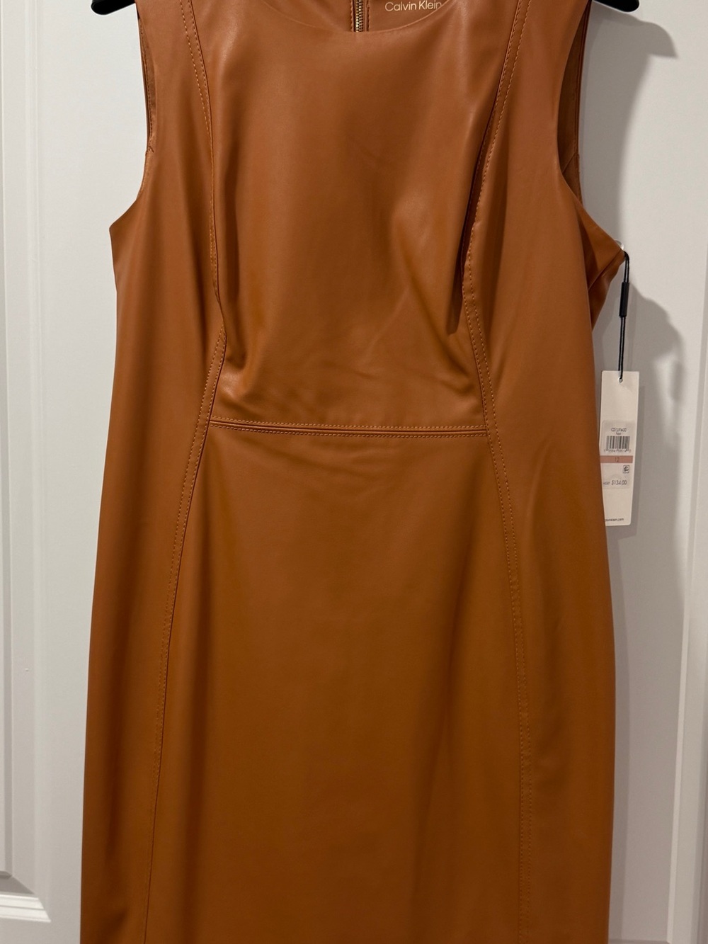 NWT Calvin Klein Cognac Faux Leather Sheath Dress Size 12
